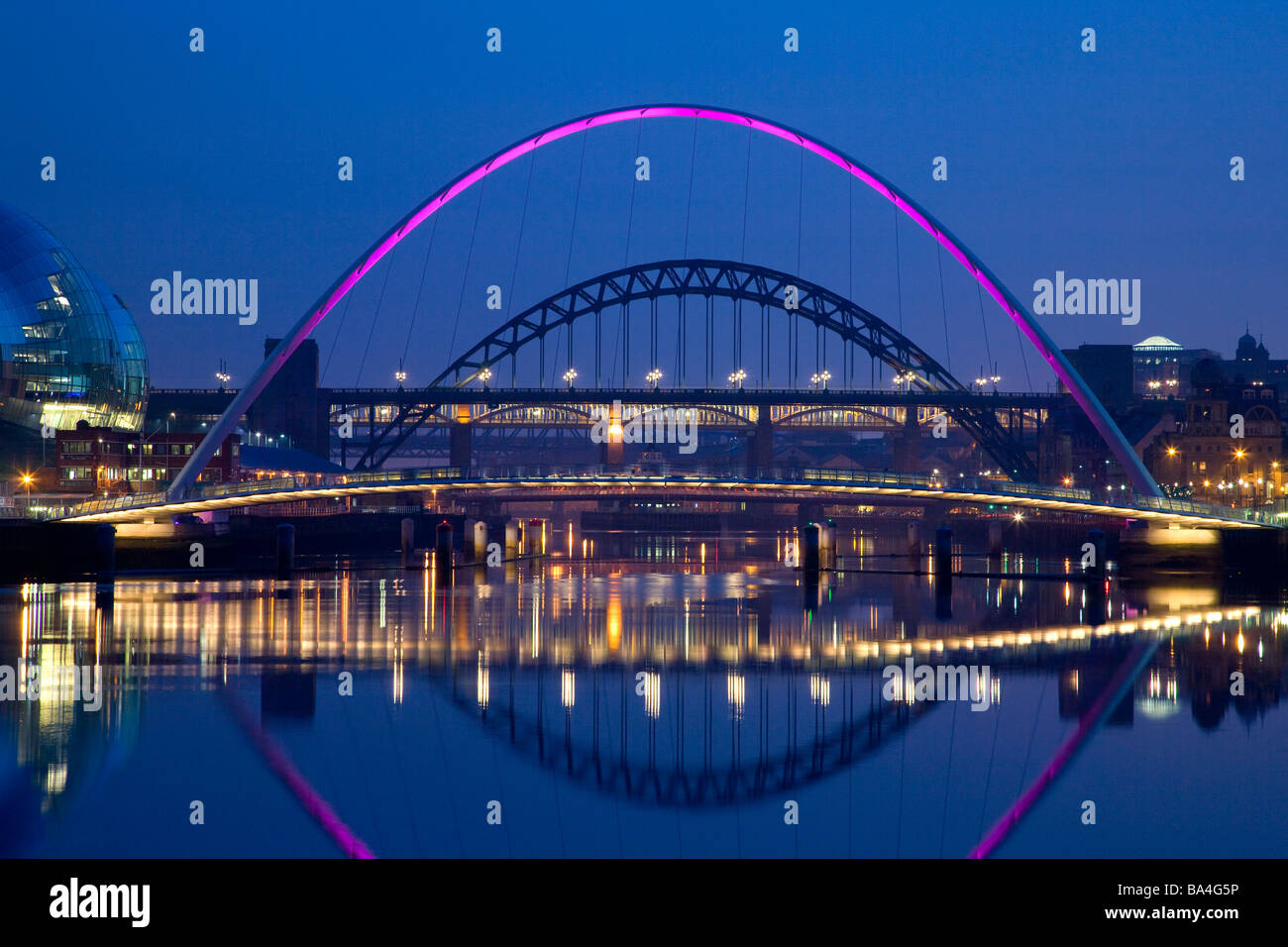 View down the Tyne river and bridges, Newcastle upon Tyne, Gateshead, England. Stock Photo