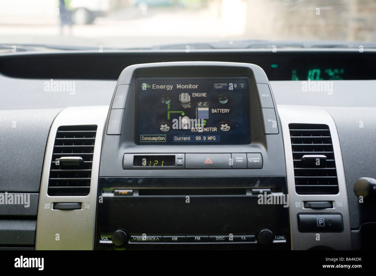 Energy distribution screen on the dashboard of a Toyota prius hybrid car Stock Photo