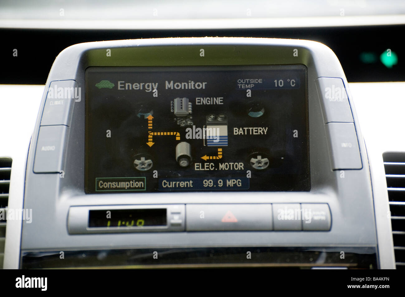 Energy distribution screen on the dashboard of a Toyota prius hybrid car Stock Photo
