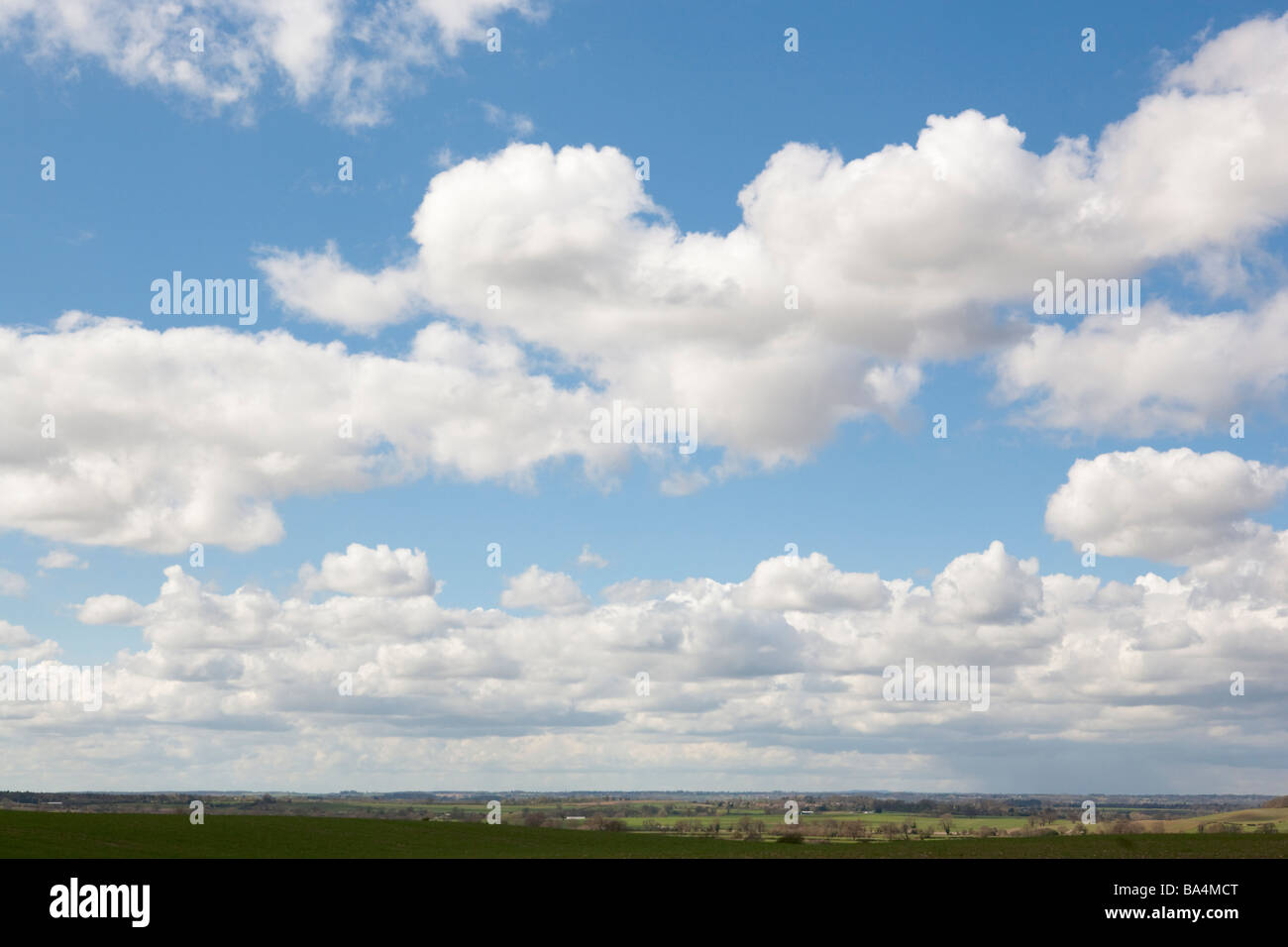 Blue sky with cumulus clouds and low, uncluttered, horizon Stock Photo