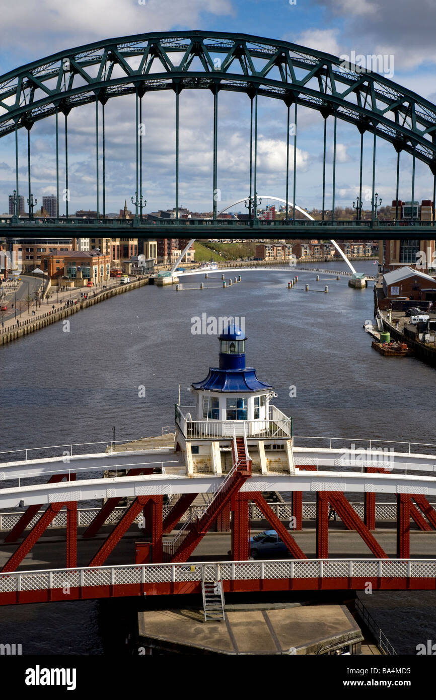 View down the Tyne river and bridges, Newcastle upon Tyne, Gateshead, England. Stock Photo