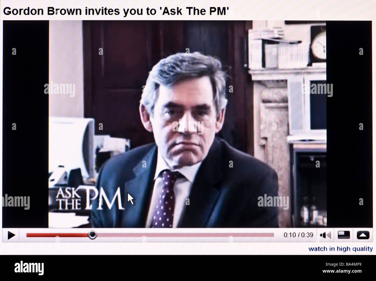 Macro screenshot of UK Prime Minister in his Ask the PM broadcast on YouTube (Editorial use only) Stock Photo