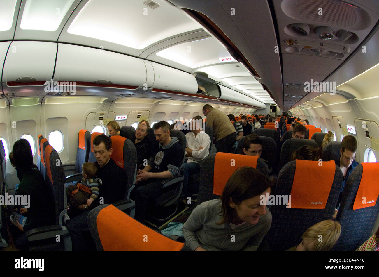 Interior Of Easyjet Airbus A319 Waiting For Take Off Stock Photo