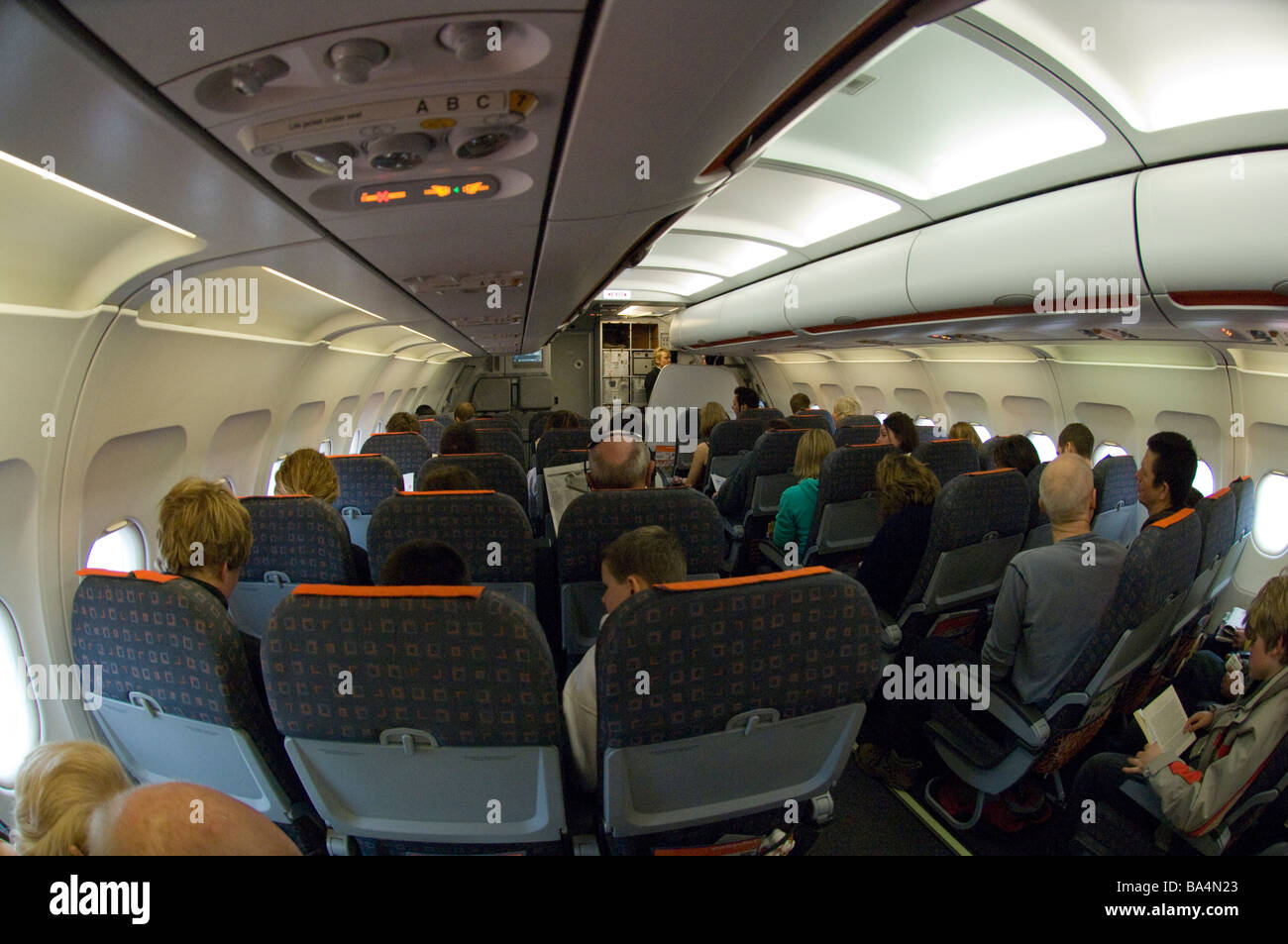 Interior Of Easyjet Airbus A319 Waiting For Take Off Stock Photo