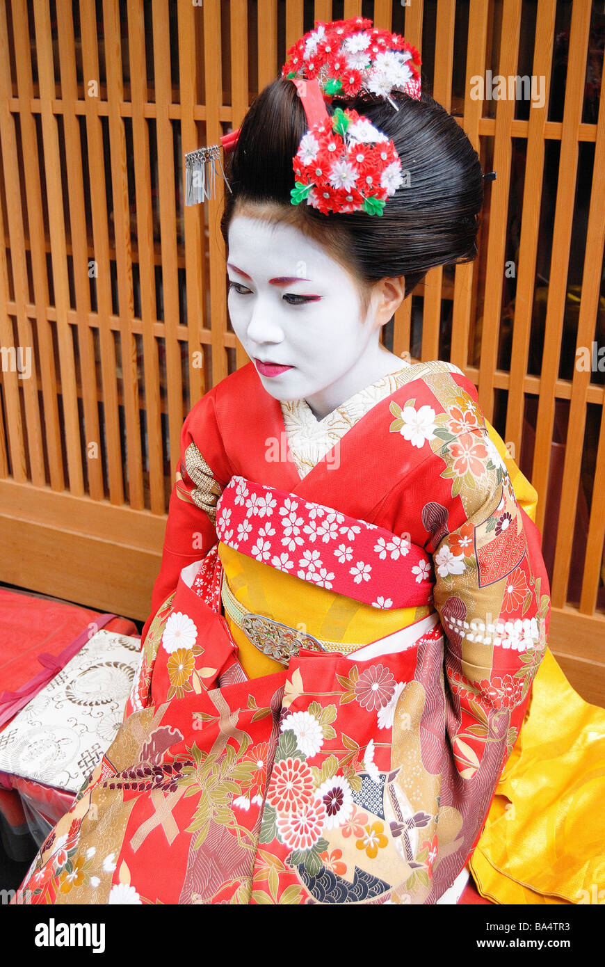 Geisha in Traditional Make-Up and Wearing Kimono Stock Photo
