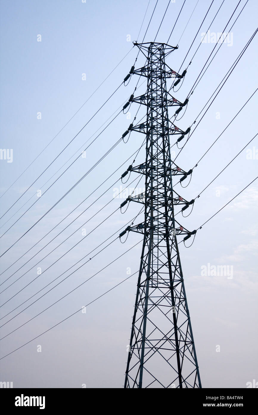 High voltage power lines, transmission tower, power tower, electricity  pylon against blue sky, Fengyuan District, Taichung, Taiwan Stock Photo -  Alamy