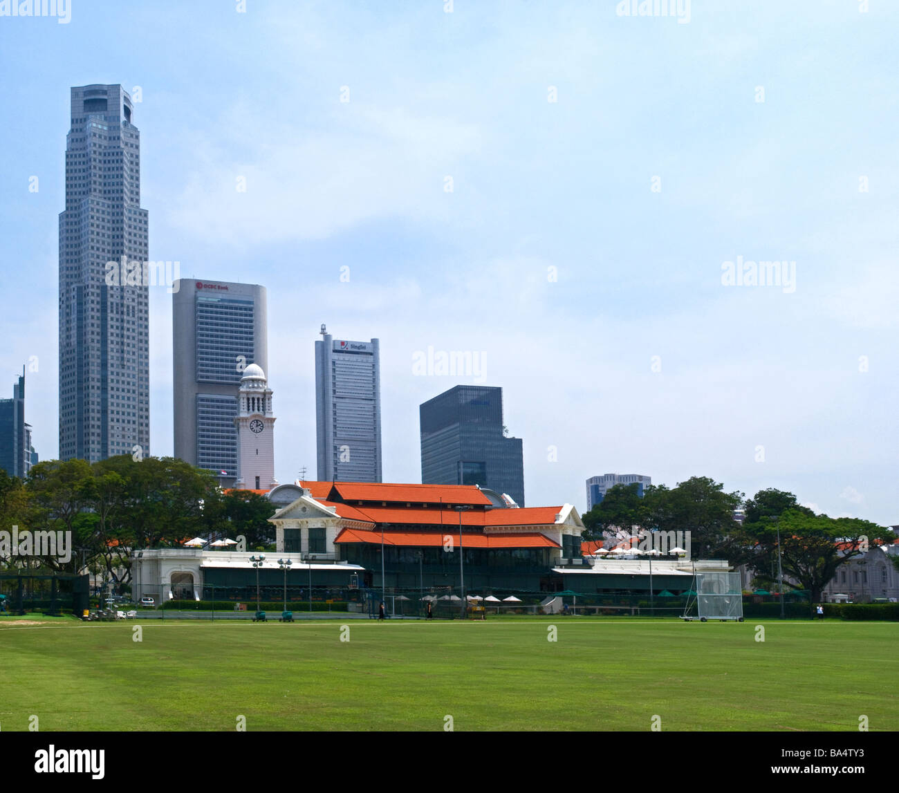 View of Singapore's financial district from the Padang. Stock Photo