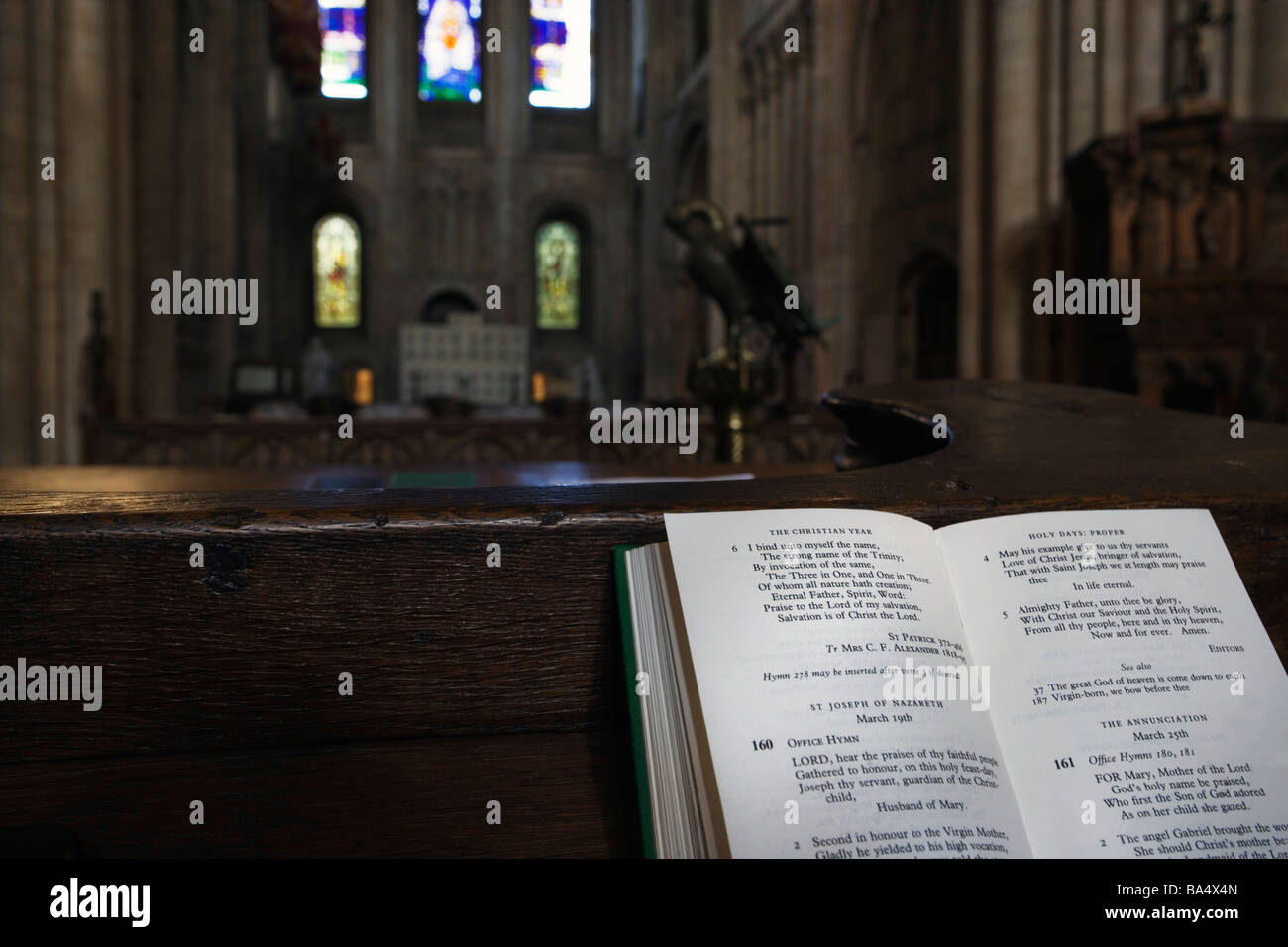Hymn book open ahead of service at Norwich cathedral Stock Photo