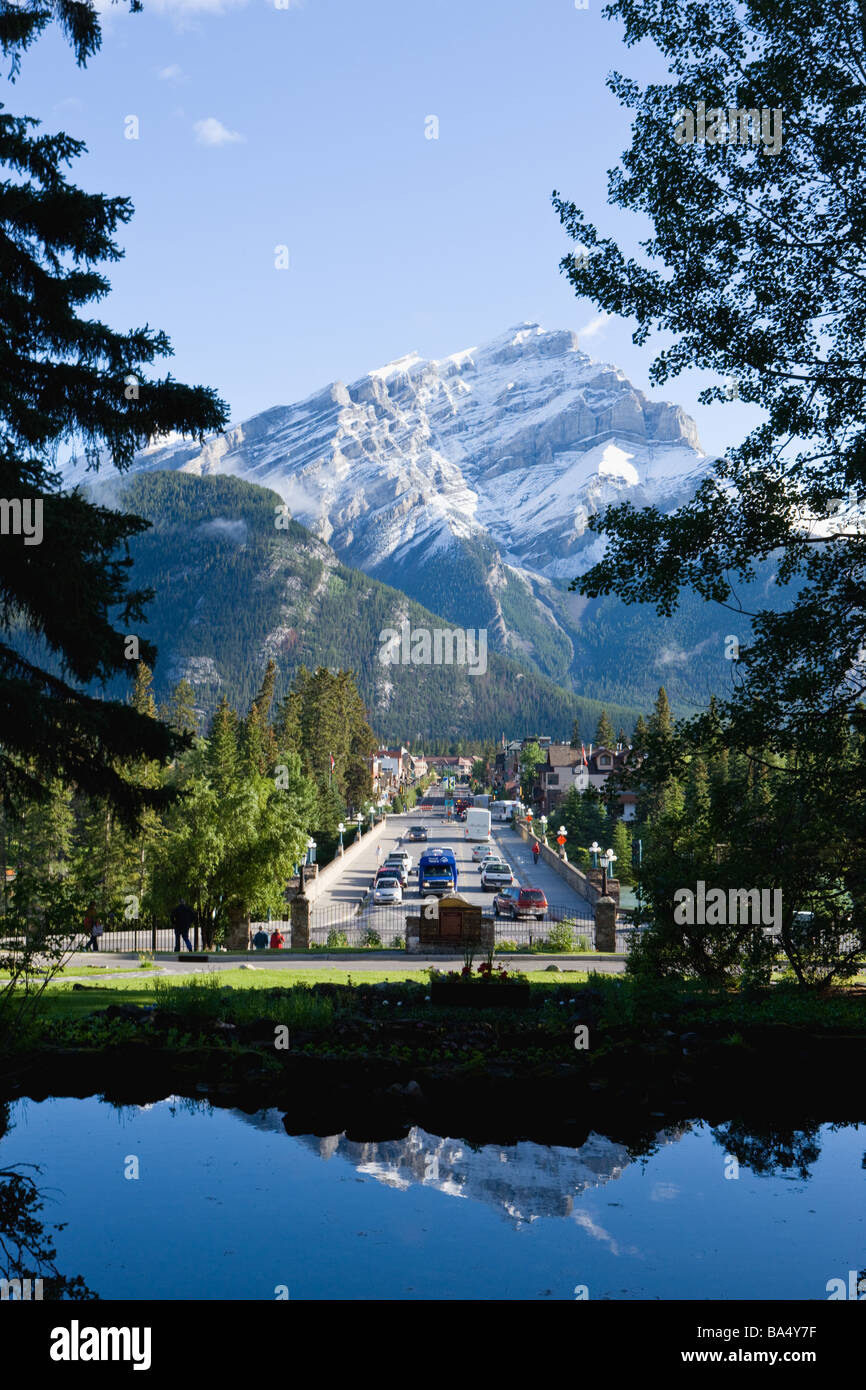 Road  and Snow-Coved Mountains at Banff in Canada Stock Photo