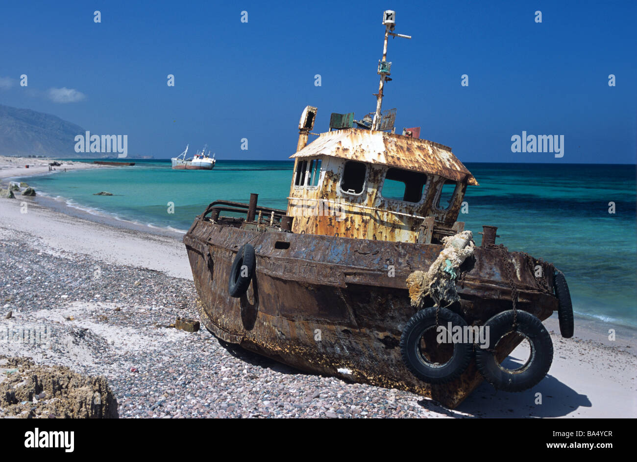 Shipwreck, Shipwrecks or Grounded Ships on the Northern Coast of Socotra or Suqutra Island, Yemen Stock Photo
