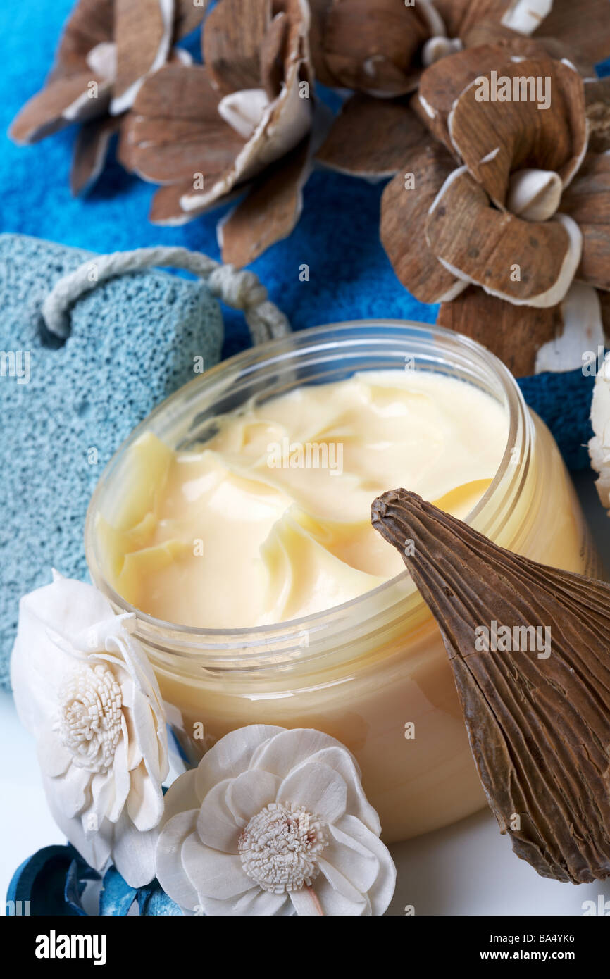 Cream with Hand Towel and Dried Flowers Stock Photo