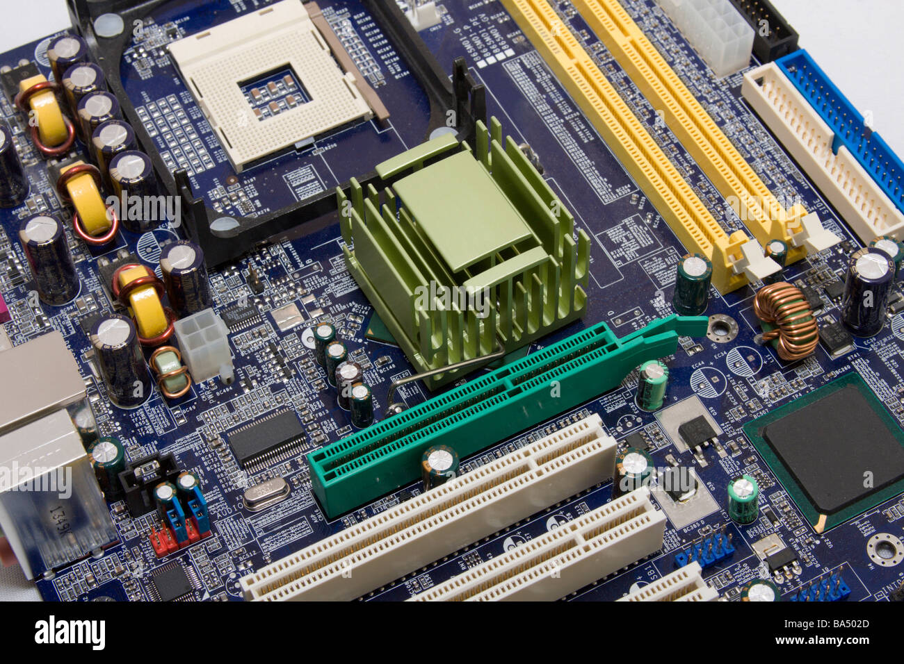 A background with a view of a new computer motherboard. Stock Photo