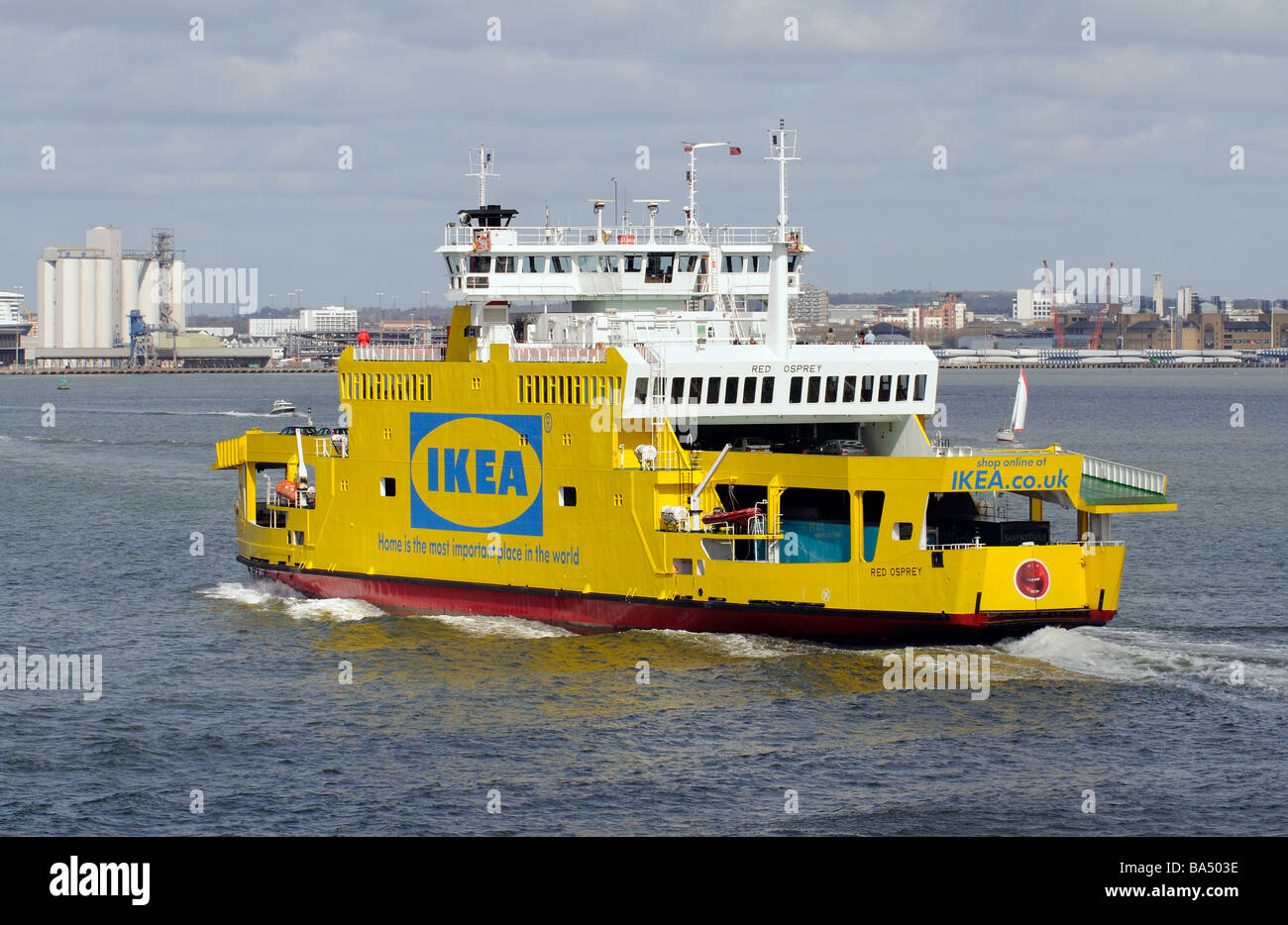 IKEA company advert on the side of a ship as it approaches the Port of