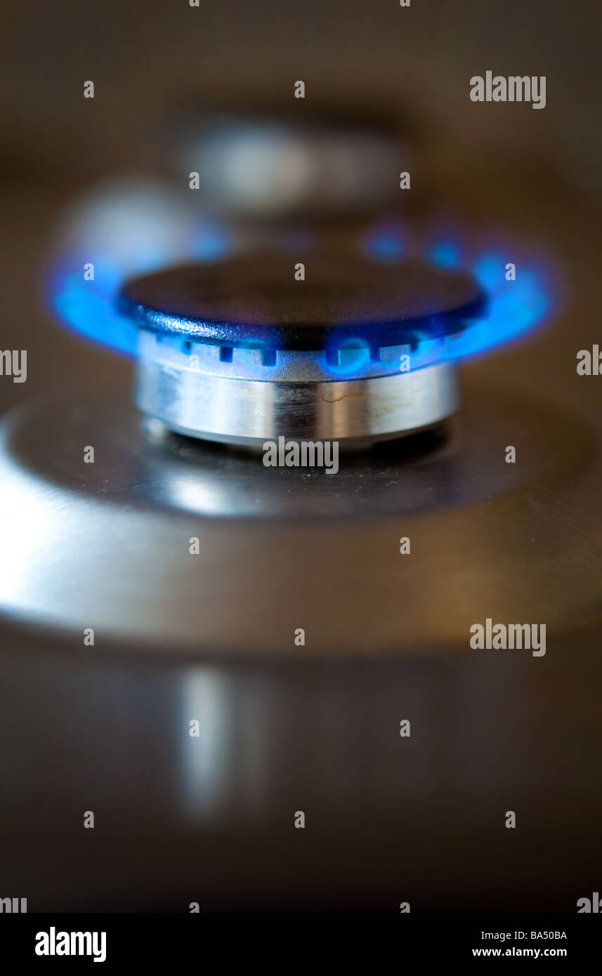 Blue gas flame burning on stainless steel gas hob top stove burner in