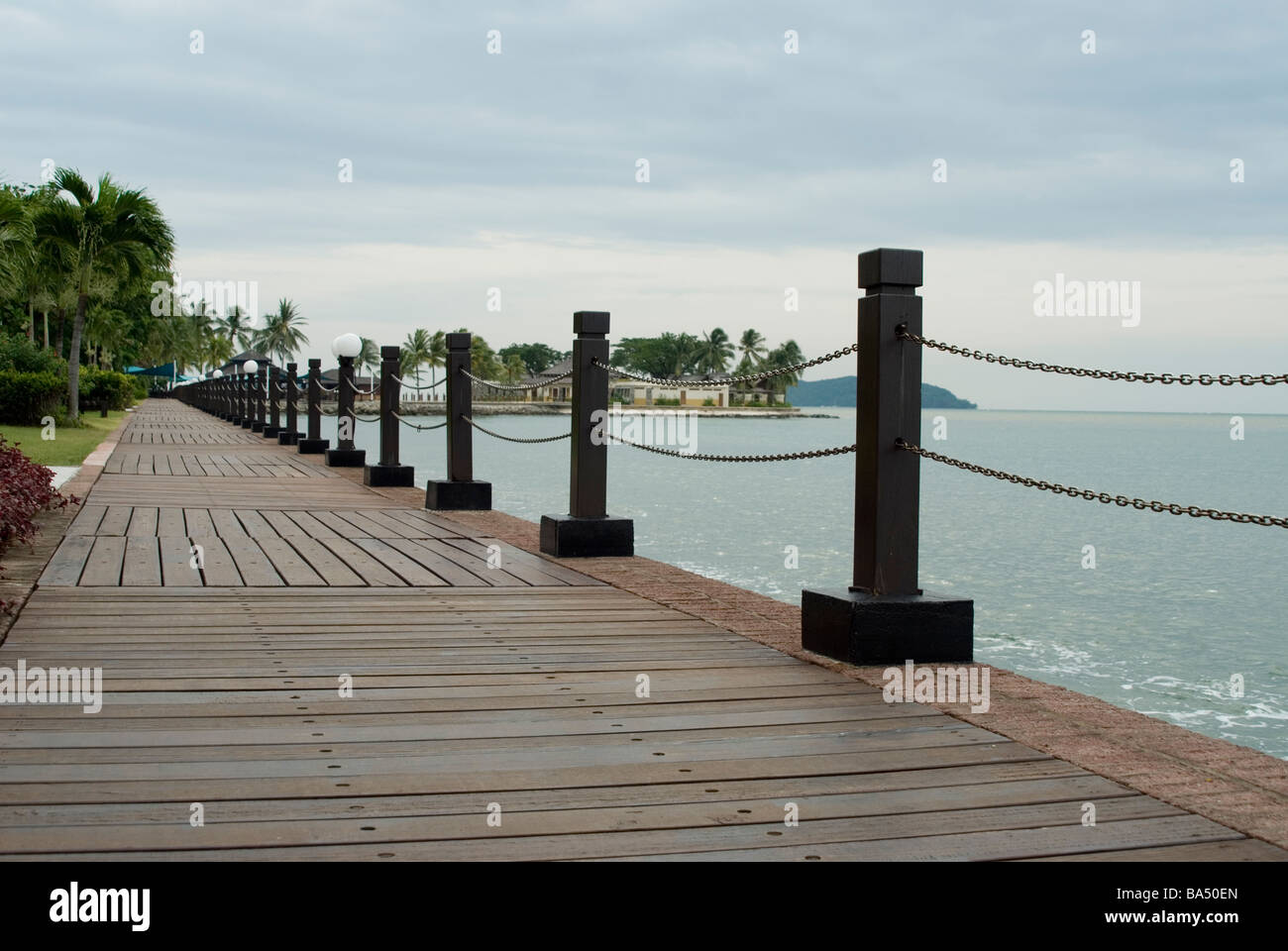 Waterfront decking at the Shangri-La Tanjung Aru Resort and Spa, Kota Kinabalu, Borneo, Malaysia Stock Photo