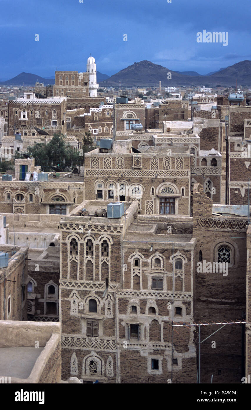 City View over the Adobe Tower Houses of Sana Sana'a or San'a, Capital of Yemen Stock Photo