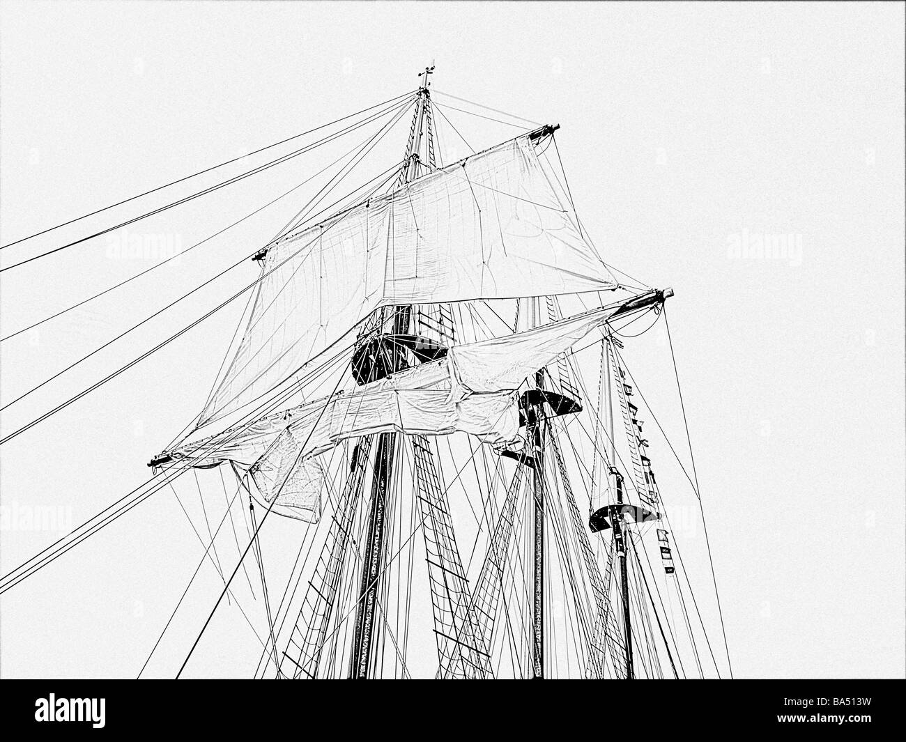 tallship tallships three masts with unfurled top sail on mast with ropes  ladders no deck drawing outline in black and white Stock Photo  Alamy