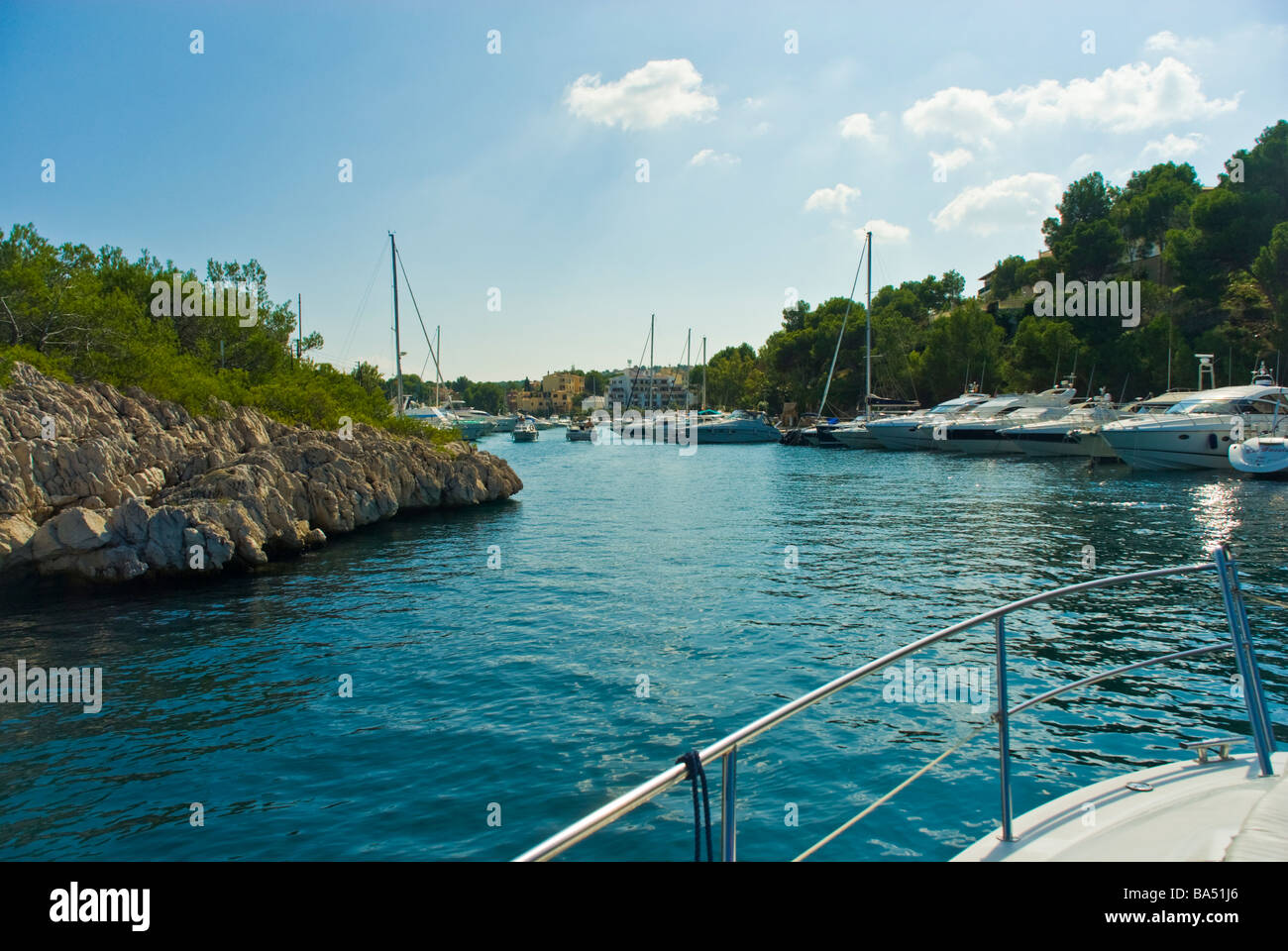 Entrance harbor of Santa Ponca Majorca Baleares Spain Einfahrt Hafen von Santa Ponsa Mallorca Balearen Spanien Stock Photo