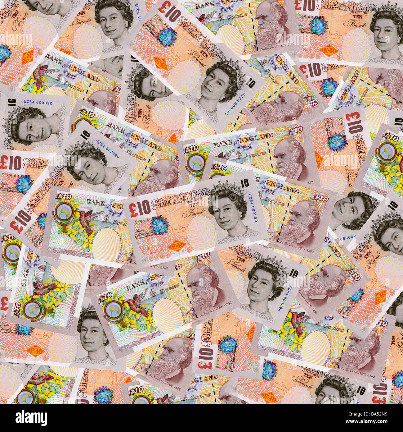 British money - ten pound notes sterling overhead view Stock Photo