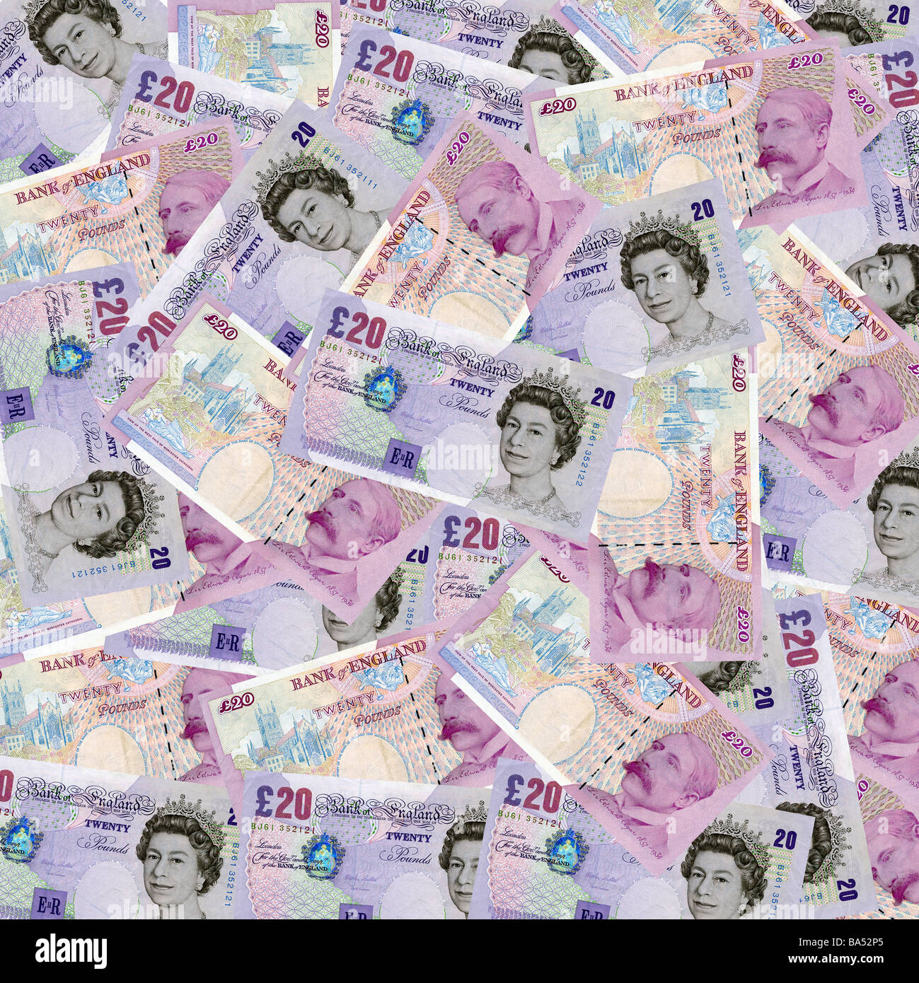 British twenty pound notes sterling overhead view - old style notes Stock Photo