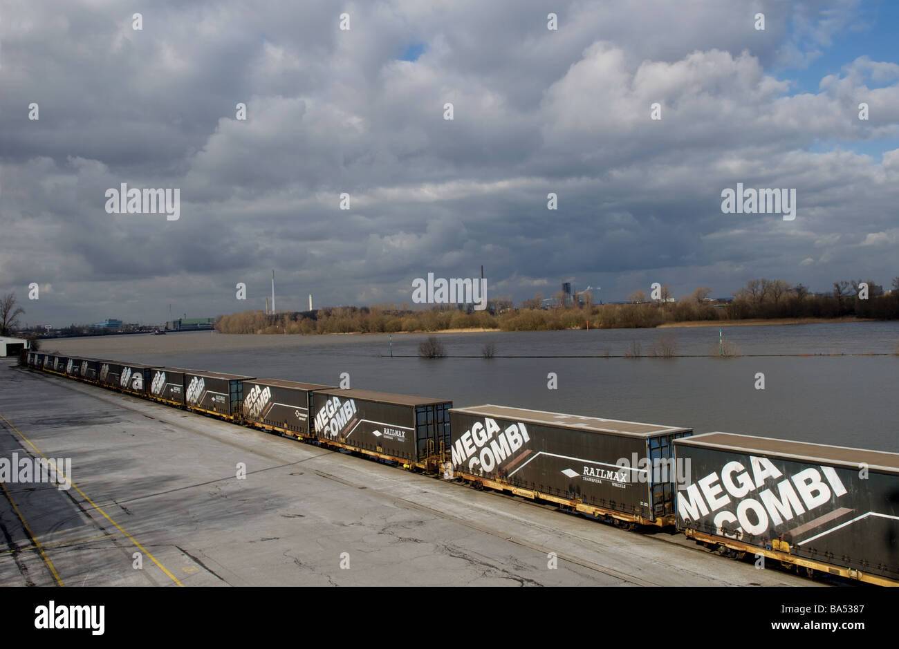 Mega Combi rail freight wagons, Germany. Stock Photo