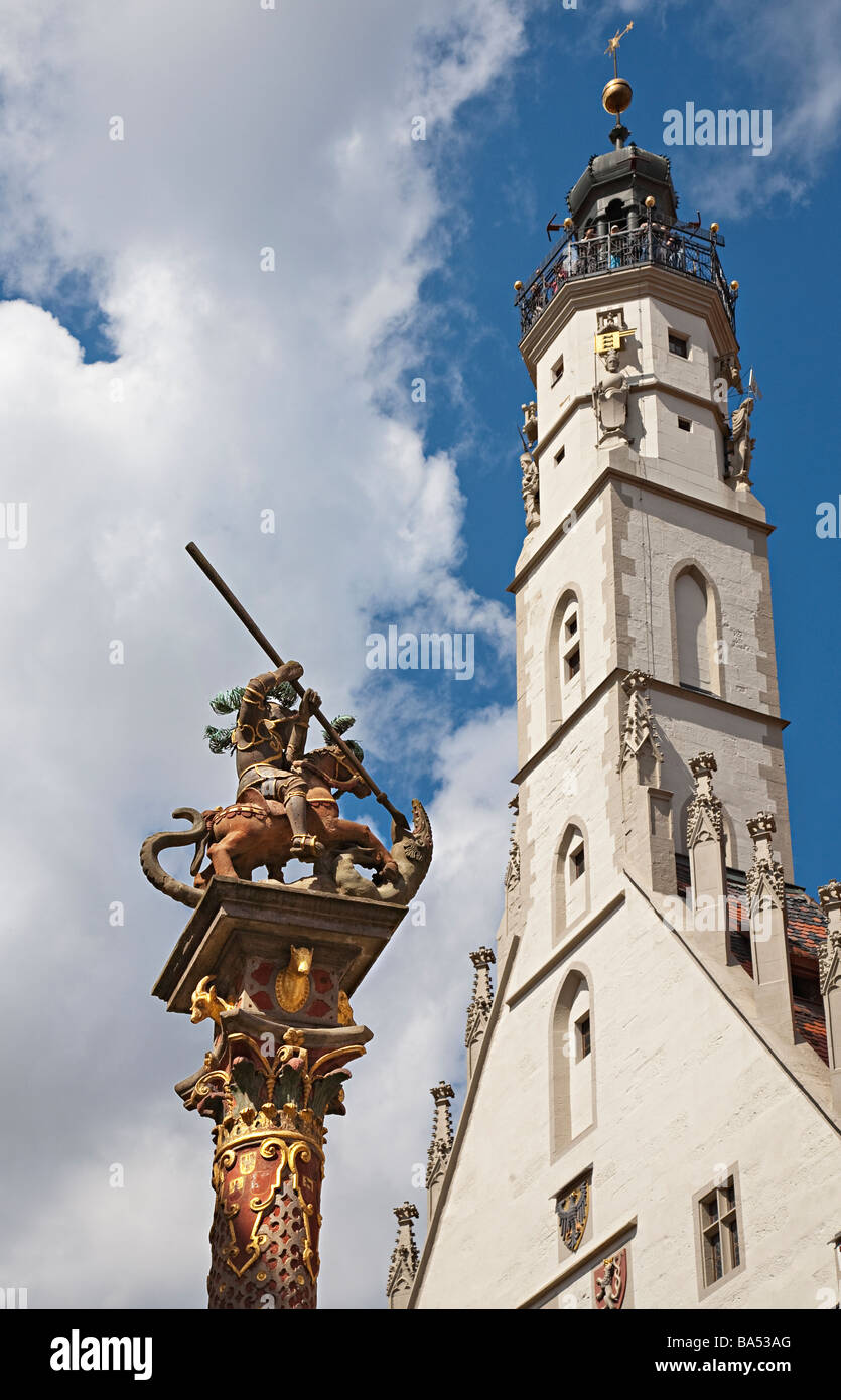 Rathausturm tower with viewing platform and statue of St George slaying dragon Rothenburg ob der Tauber Germany Stock Photo