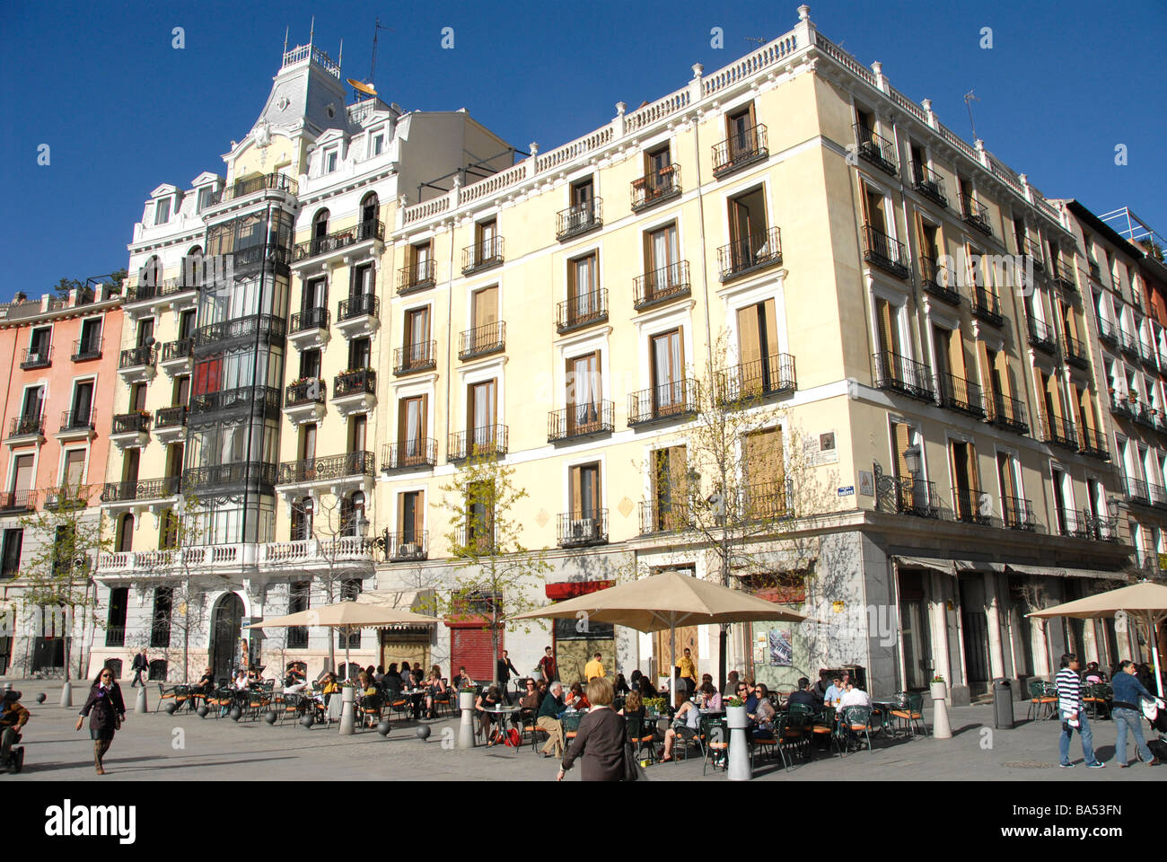 Street scene, buildings, terrace, Madrid, Spain Stock Photo