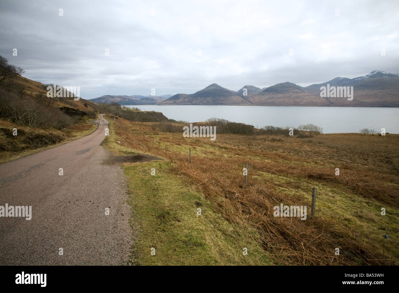 View across Loch Scridain looking inland to the Ross of Mull coastline Stock Photo