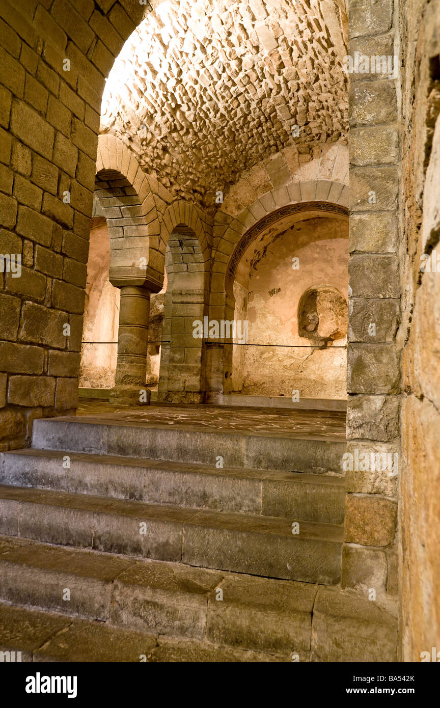 10th century Mozarabic Lower Church at Benedictine monastery San Juan de la Peña. Aragon, Spain. Stock Photo