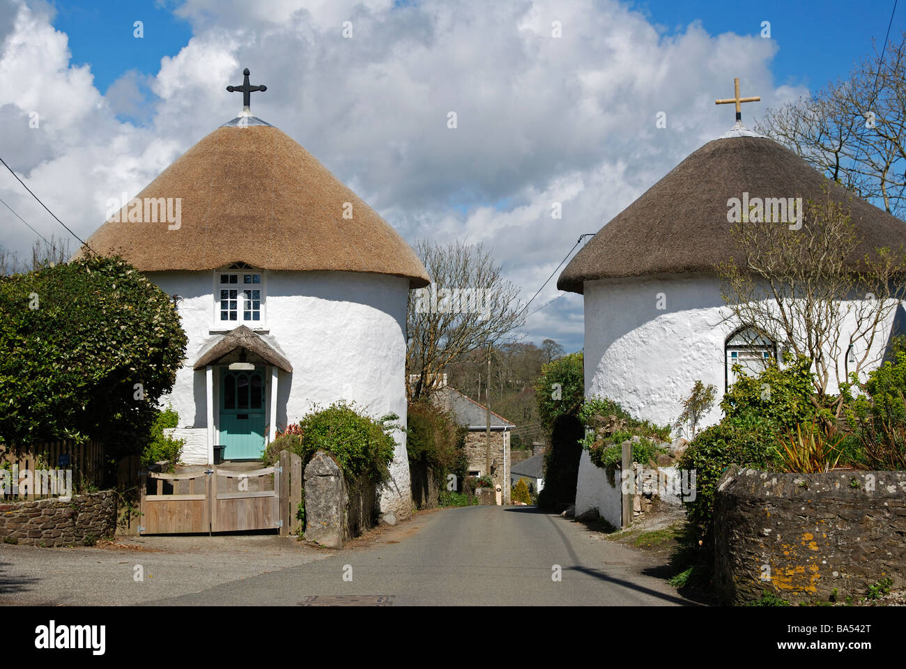 the roundhouses at the entrance to the village of veryan in cornwall,uk Stock Photo