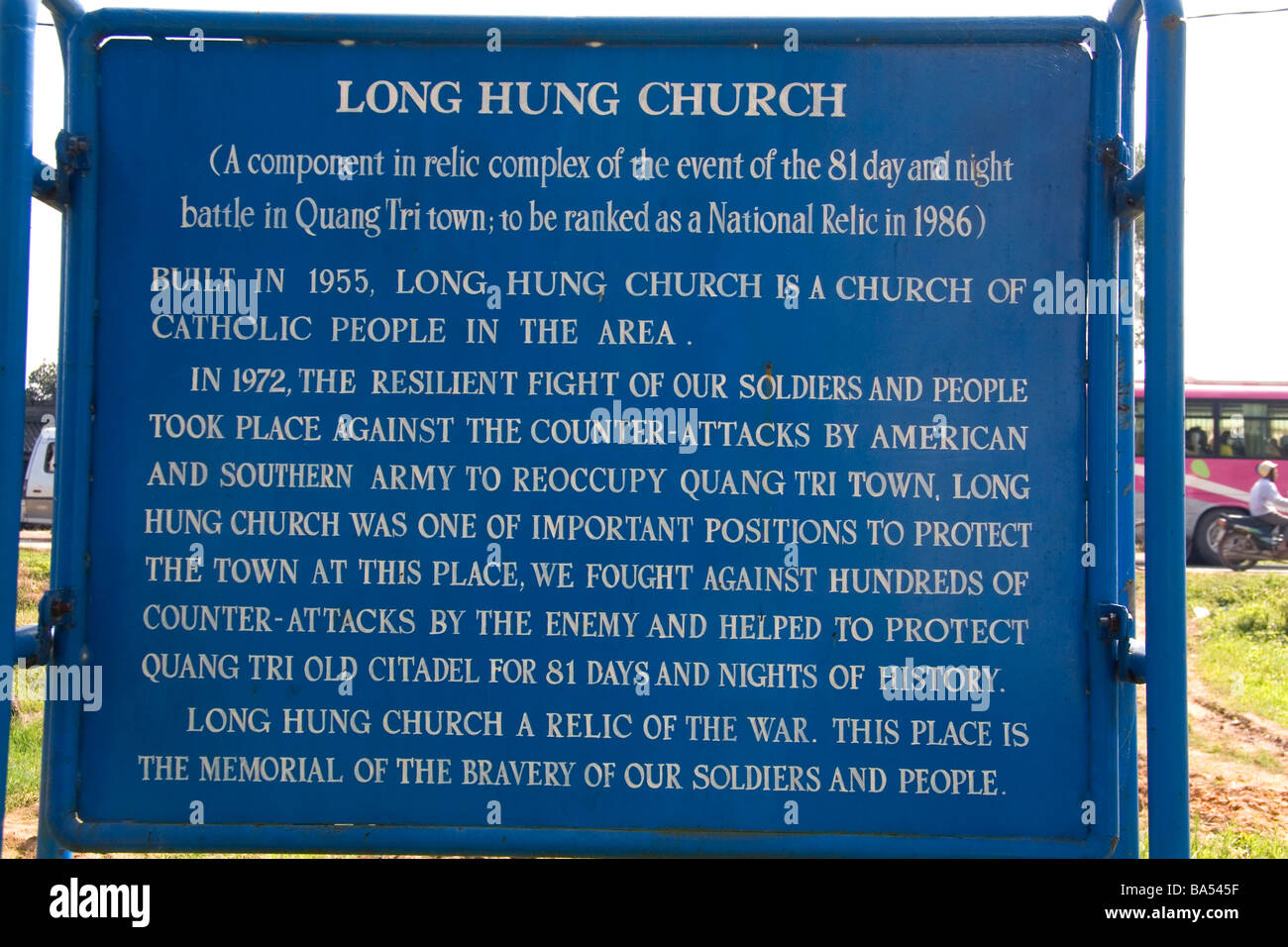Sign marking the Long Hung Church in the town of Quang Tri Vietnam Stock Photo