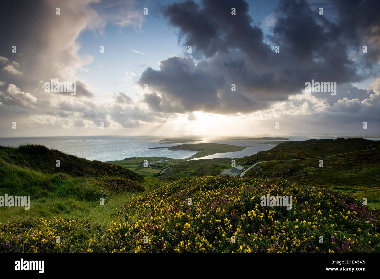 View from Sky Road near Clifden over looking the county Galway coast at sunset Stock Photo