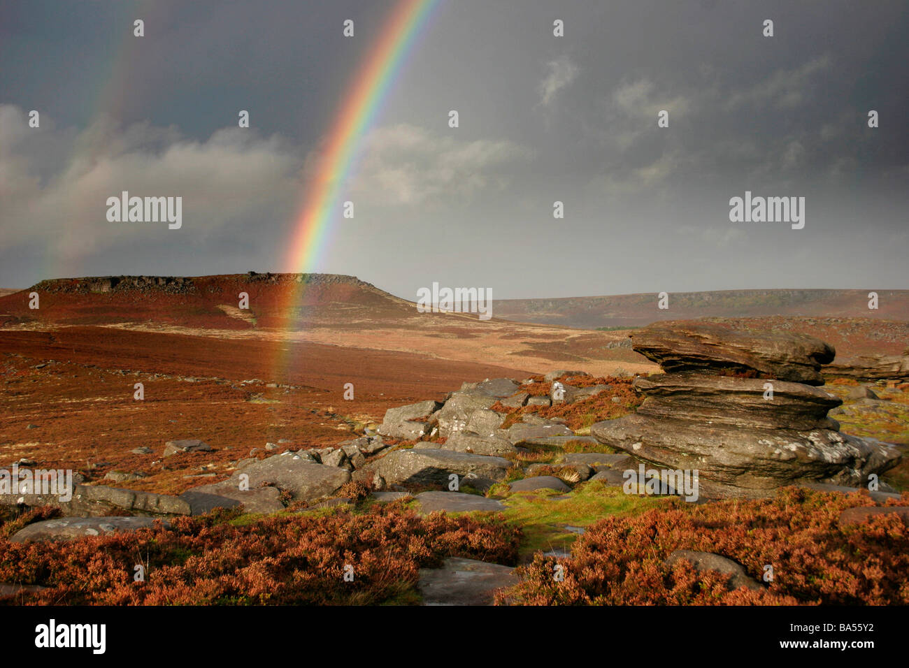 Rainbow at Stanage Edge, Derbyshire, Peak District, England, UK. Stock Photo