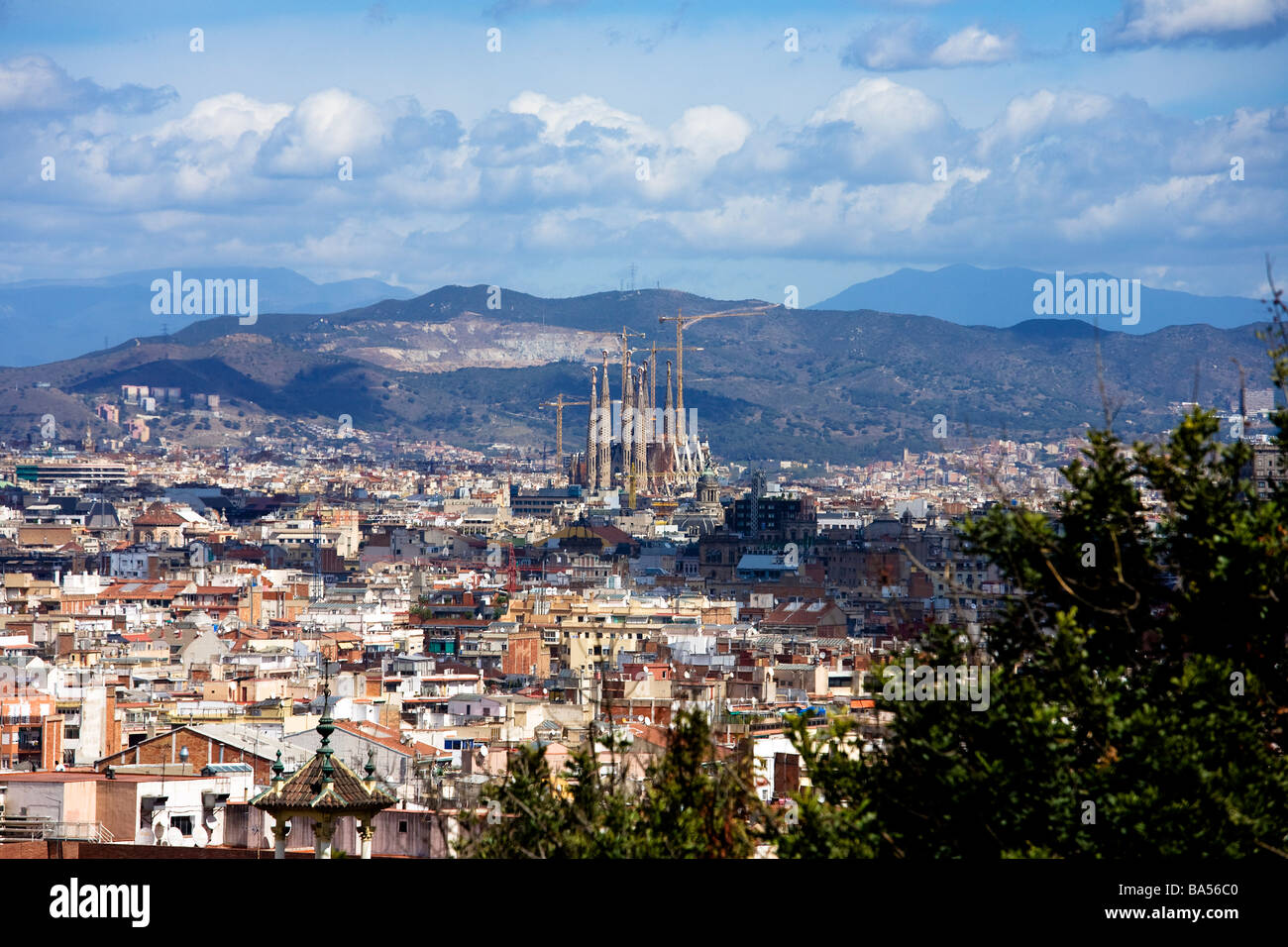 Temple Expiatori de la Sagrada Familia seen from the National Museum of Art Barcelona Catalunya Spain Stock Photo