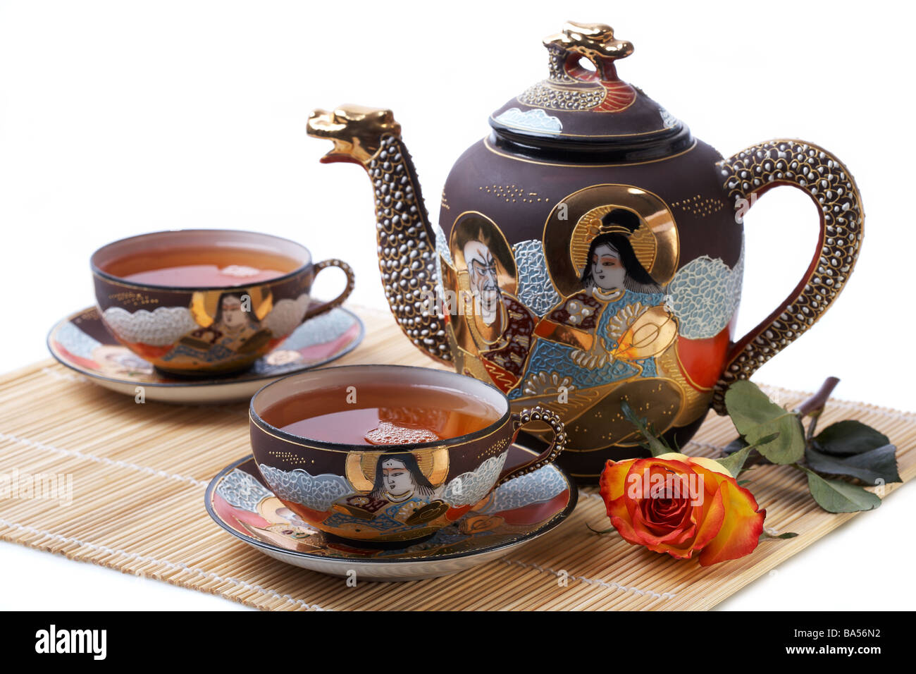 https://c8.alamy.com/comp/BA56N2/teaset-tea-cup-with-teapot-and-rose-BA56N2.jpg
