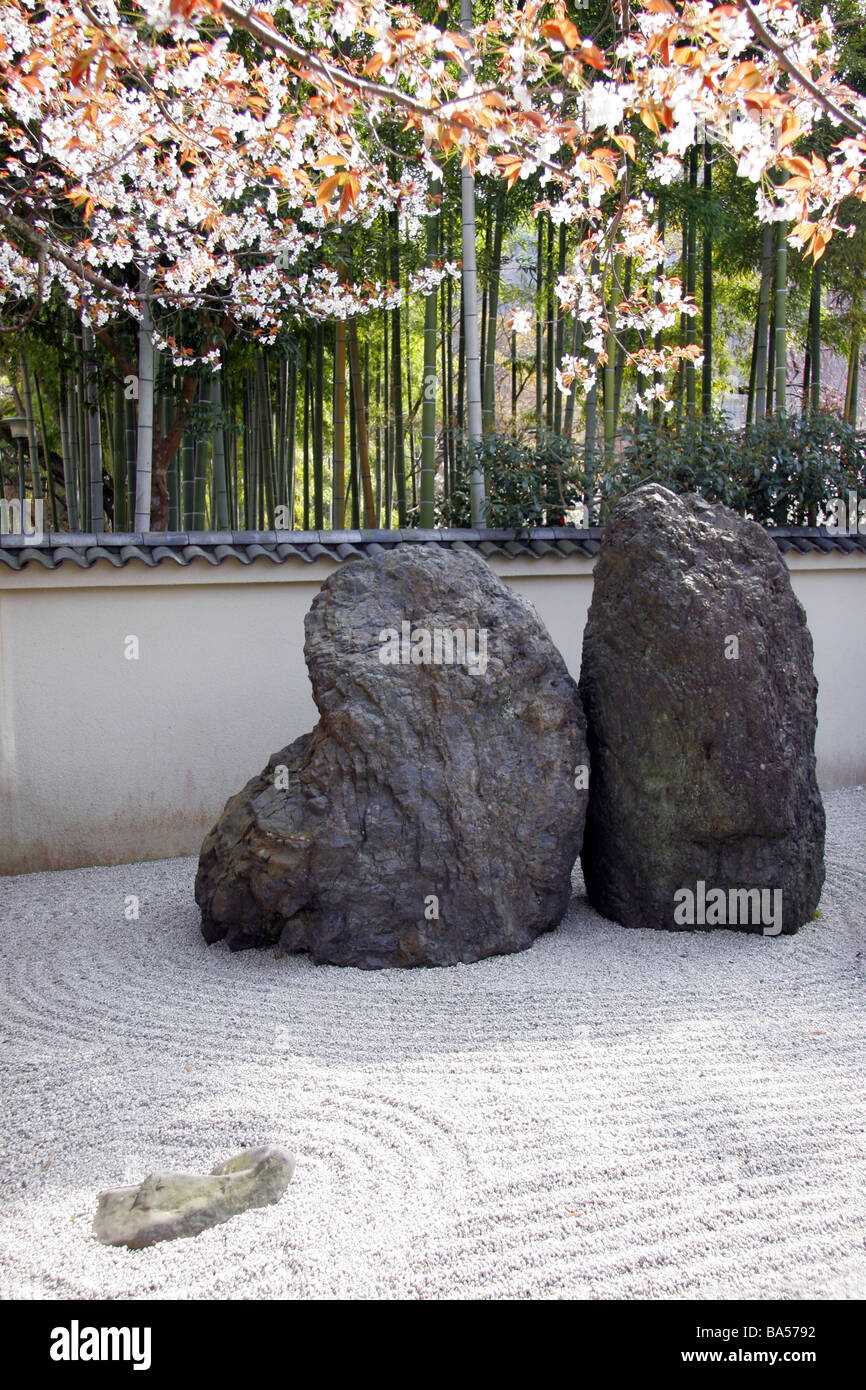 Japanese Zen rock garden with spring cherry blossom and bamboo in Arashiyama Kyoto Kansai Japan Stock Photo