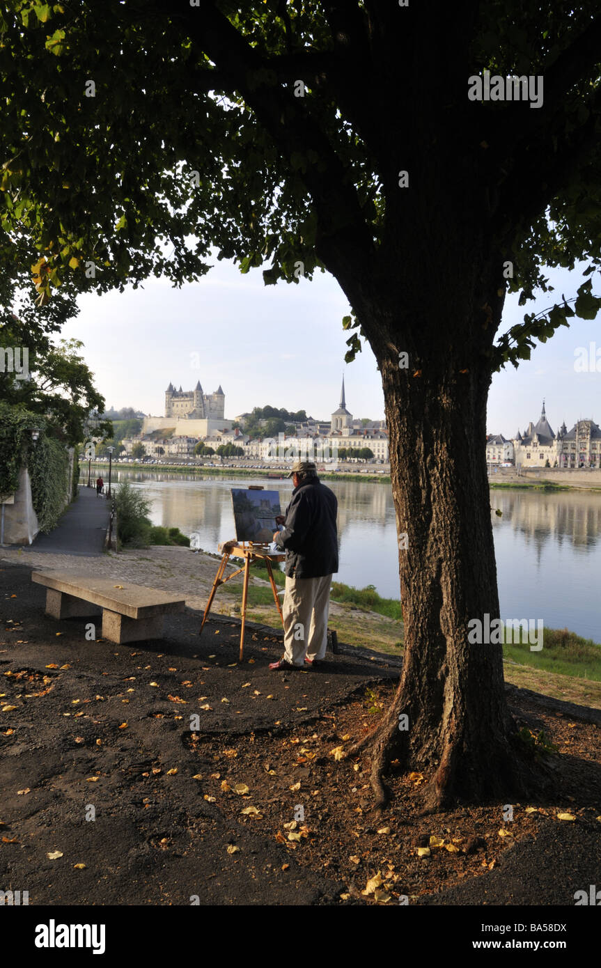 Painting Saumur landscape by River Loire, France. Stock Photo