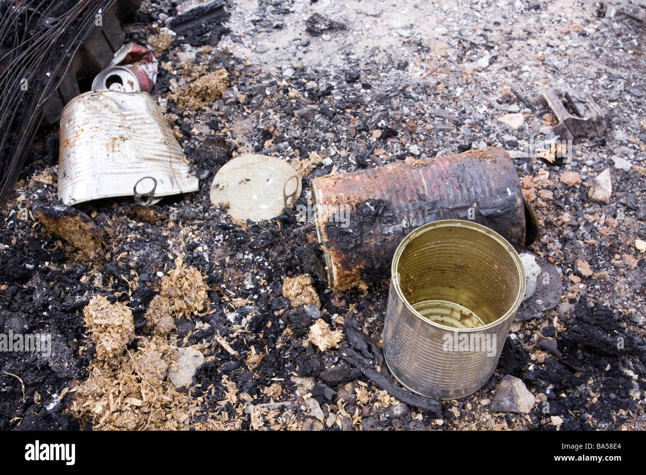 Burnt tin cans in the remains of a fire. Stock Photo