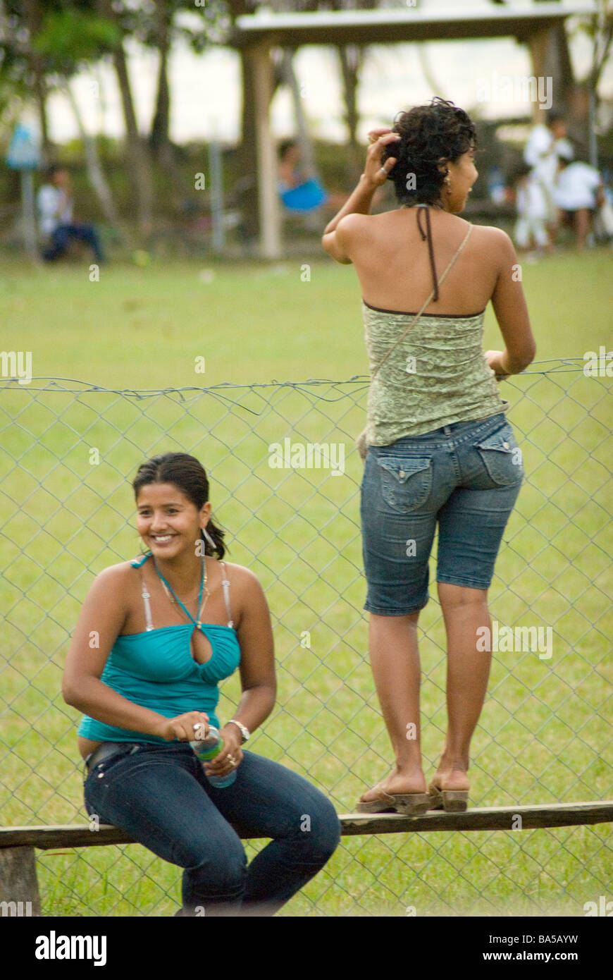 Spectators at a female soccer match during a fiesta in Costa Rica Stock Photo