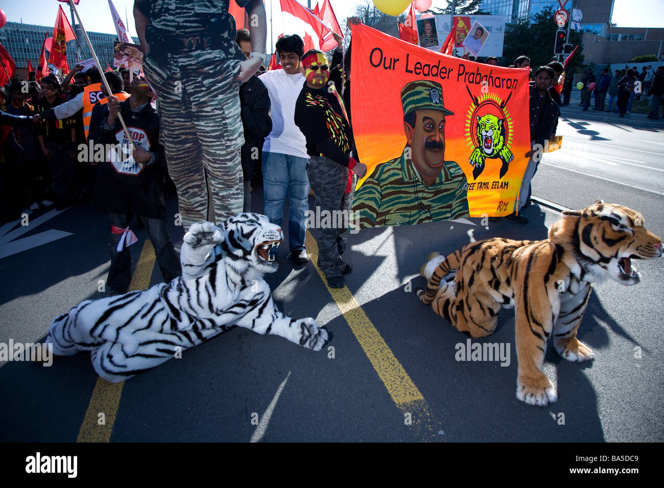 Tamil tiger demonstration on Geneva UN place during last day of Sri Lanka war Stock Photo