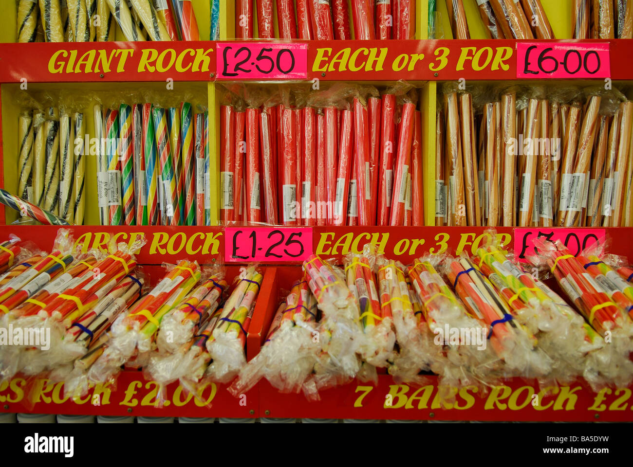 Rock (sweets) for sale seaside store england. Stock Photo