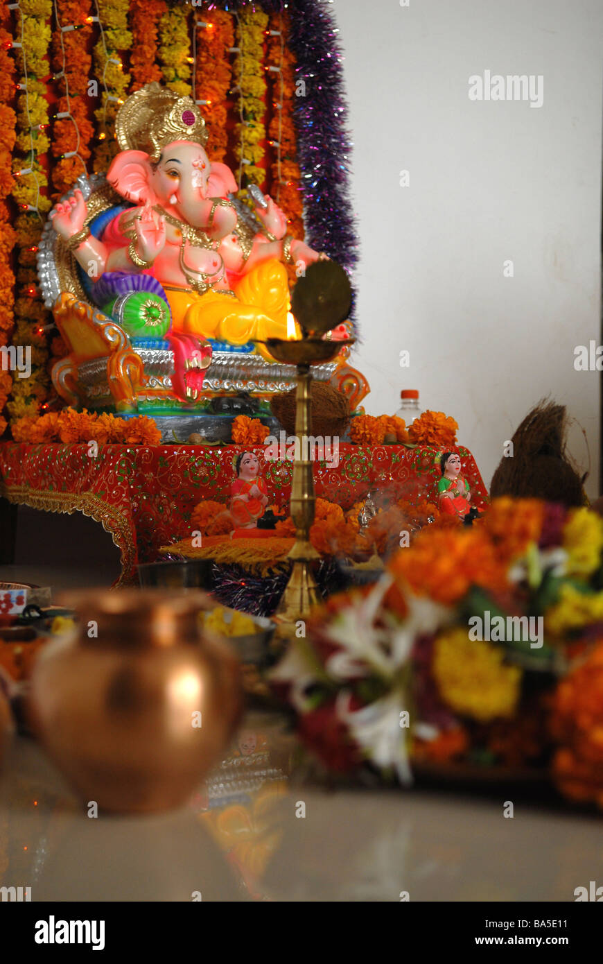 This is a photo of  a ganash statue taken in someone's home. Photo was taken during Mumbai's ganpati festival Stock Photo