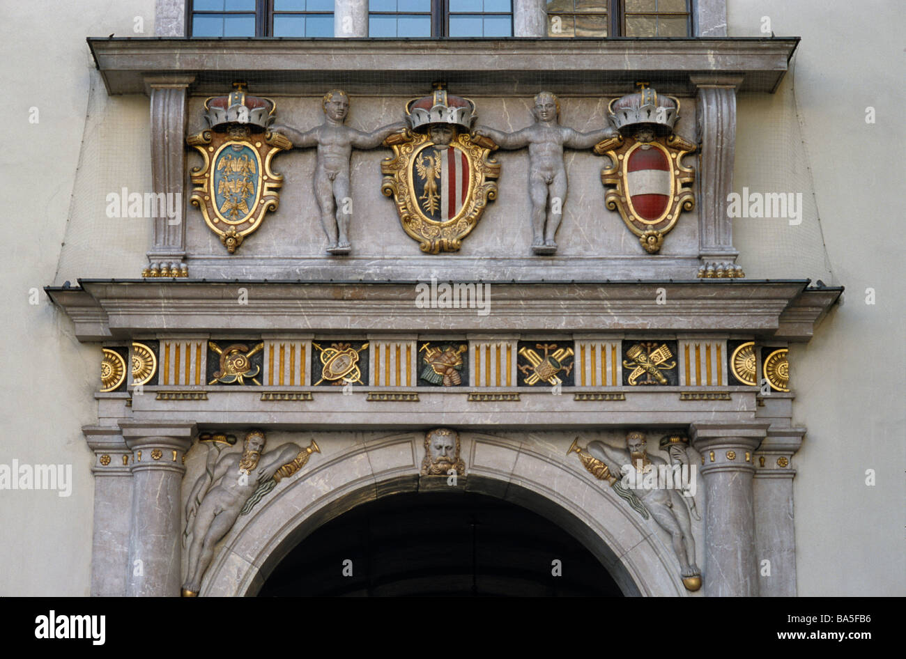 Emblems of original Austrian provinces at Landhaus entrance in Linz, Upper Austria, Austria Stock Photo