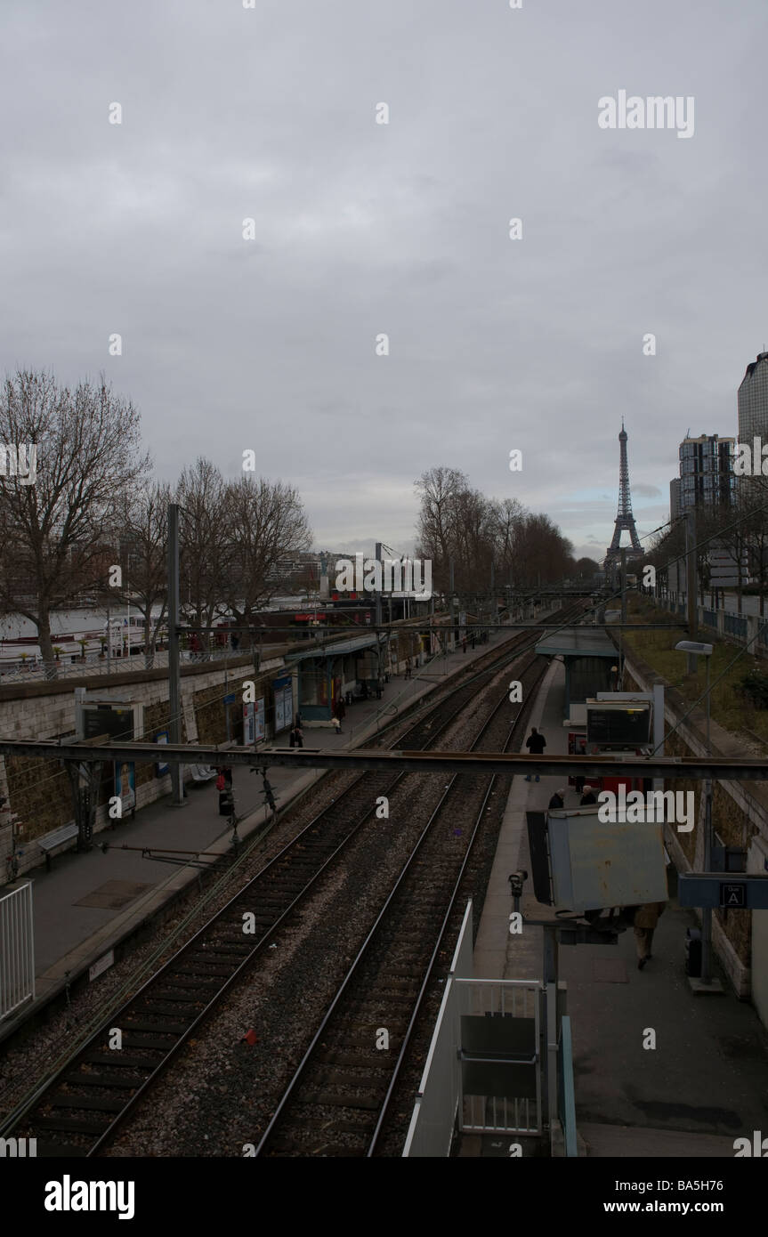 Eiffel Tower from RER C Javel train station at Paris Stock Photo