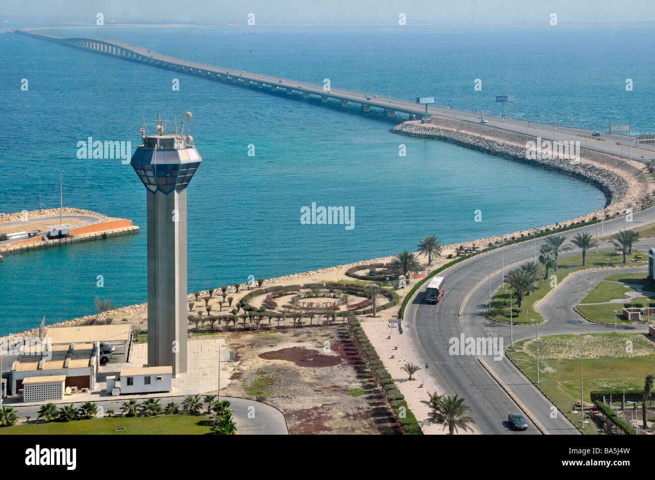 Aerial view services area on King Fahd Causeway linking Bahrain and Saudi Arabia in Persian Gulf looking towards Bahrain from approx 'mid point' Stock Photo