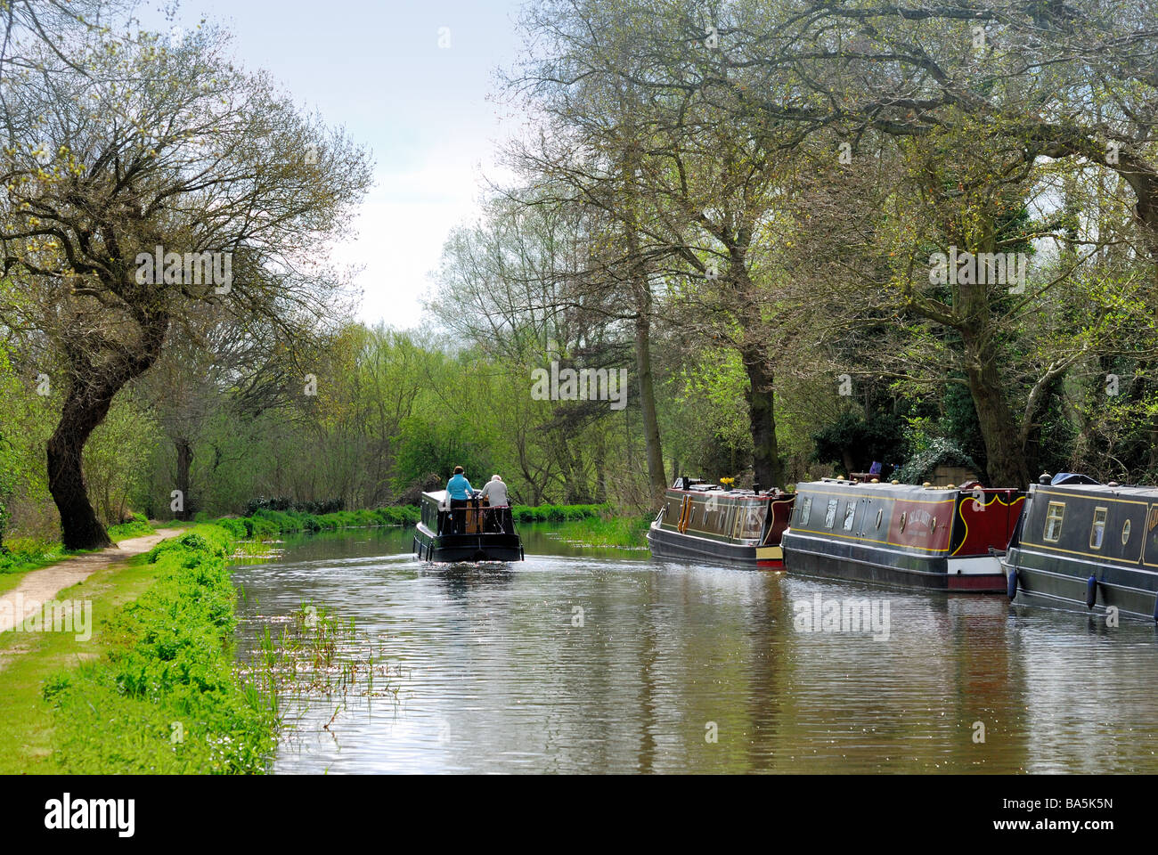 River Wey navigation with narrow boat Stock Photo