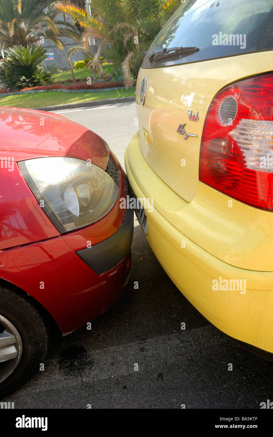 A typical Spanish road side touch parking. Puerto Rico, Gran Canaria, Canary Islands, Spain, Europe. Stock Photo