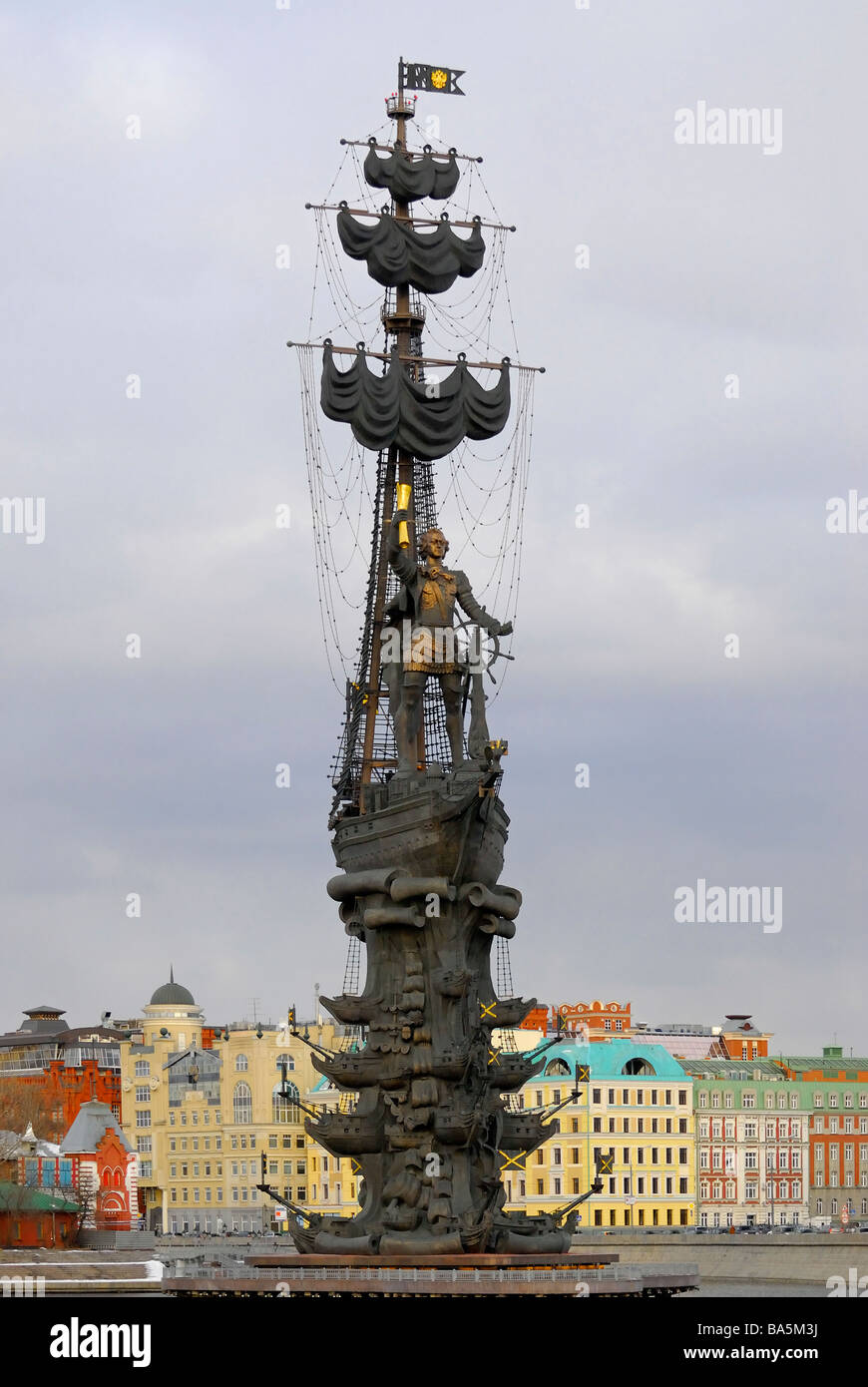 Bronze statue of Russian tsar Peter I in the middle of Moskva river Moscow Russia Stock Photo