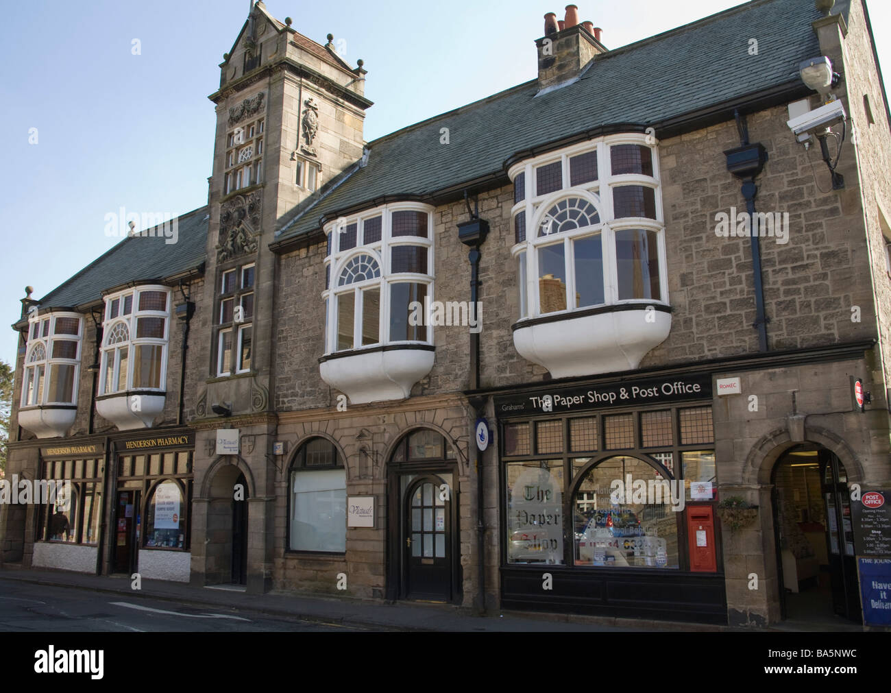 Corbridge Northumberland England UK March The town paper shop and post office restaurant and pharmacy building dating from 1887 Stock Photo