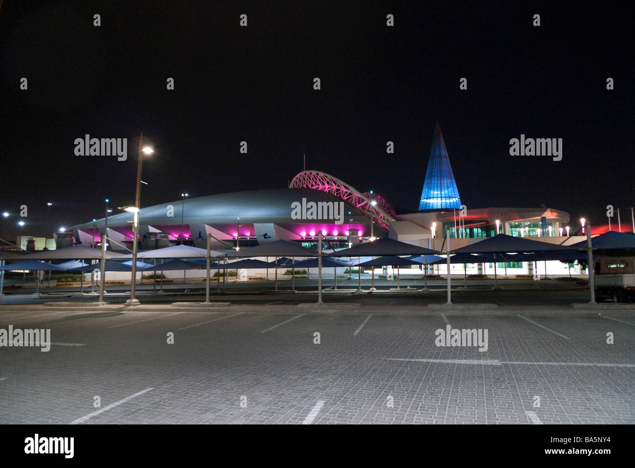 Shopping center and tower sports centre at night, Doha Qatar Middle East 90093_Doha-Qatar Stock Photo